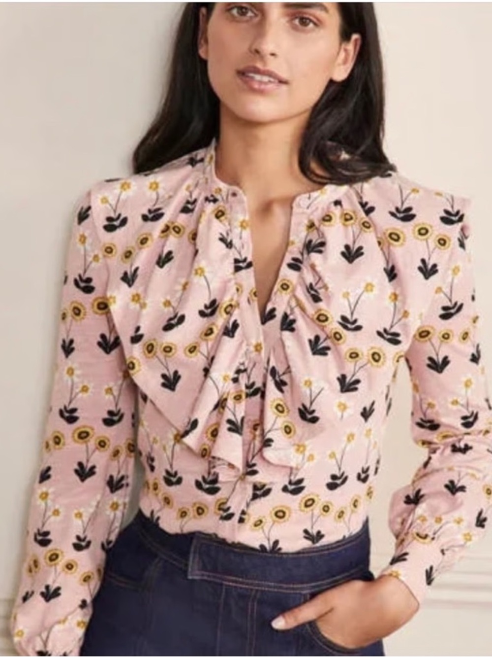 Boden Pink Floral Ruffle-Front Blouse